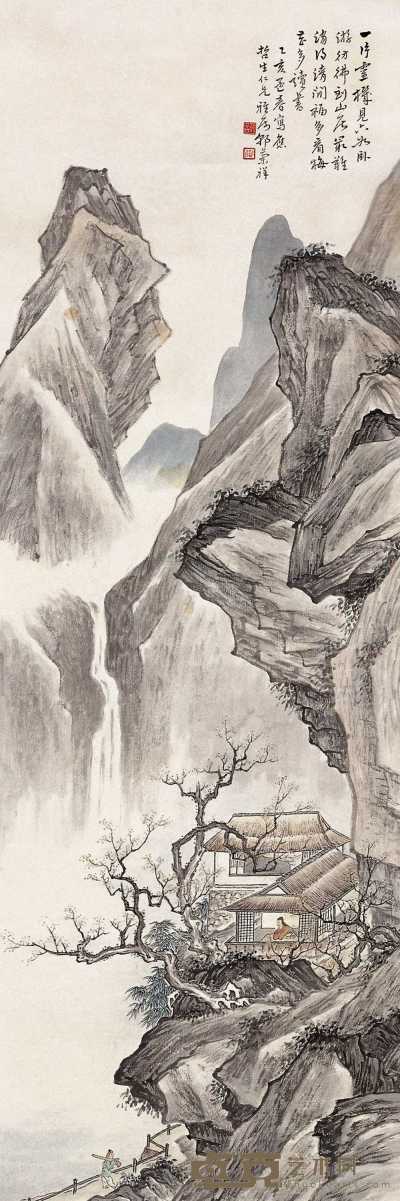 郭兰祥 1935年作 溪山观瀑图 立轴 40×119cm